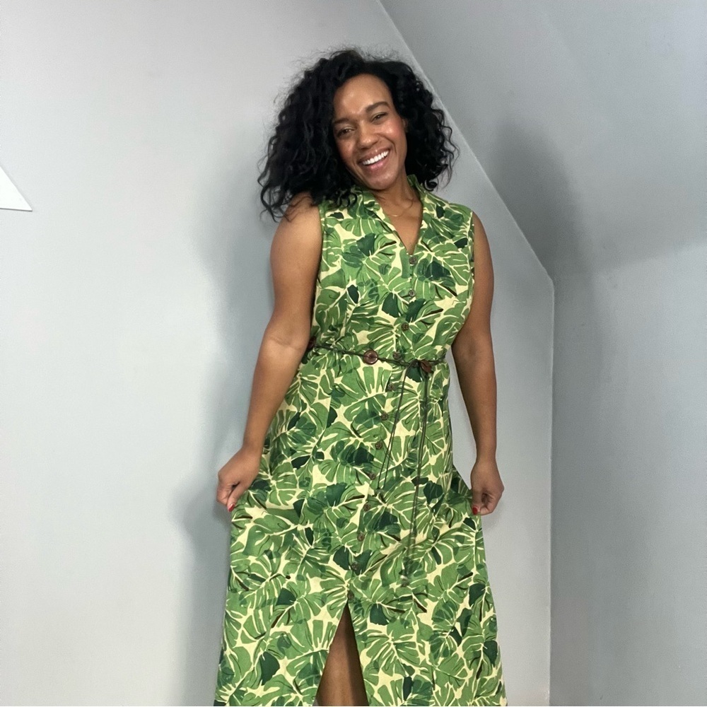 Vintage Linen Tropical Maxi Womens Dress Size 12 Resortwear Bohemian Floral Boho
